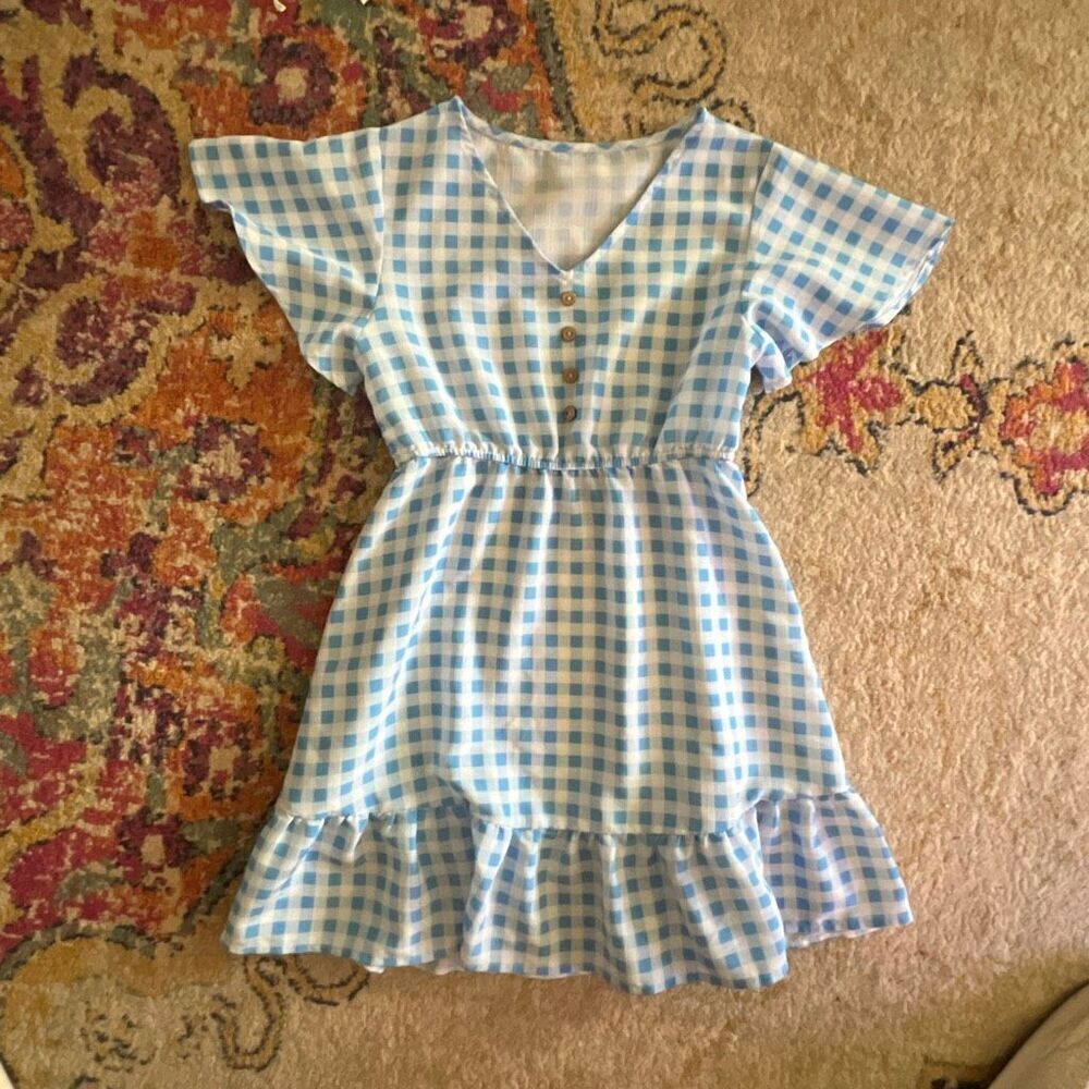Girls Blue Gingham Dress – Size 130